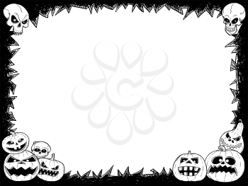 Hand drawing cartoon Halloween frame with skull and pumpkin illustrations.
