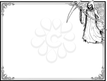 Hand drawing cartoon Halloween frame with grim reaper in hood with scythe.
