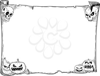 Hand drawing cartoon Halloween frame scroll sheet of parchment with skull and pumpkin illustrations.