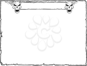 Hand drawing cartoon Halloween frame scroll sheet of parchment with skull illustrations.