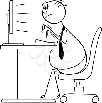 Cartoon vector stick man illustration of fat overweight programmer or clerk or office worker is sitting on the chair and typing on the computer keyboard.