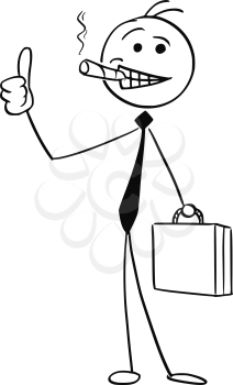 Cartoon vector stick man illustration of successful businessman or seller with big cigar and briefcase smiling and showing thumbs up gesture.