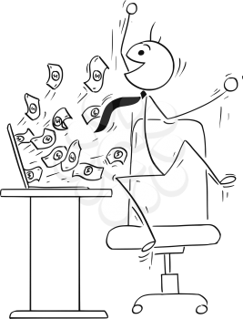Cartoon vector stick man illustration of happy male businessman jumping because of successful  online business, money coming from the computer screen.