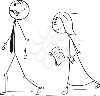 Cartoon vector illustration of stick man boss manager with big cigar walking angry and female assistant following him with phone and papers.