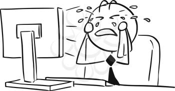 Cartoon vector illustration of stick man office worker, clerk, manager, businessman or programmer crying in front of the computer screen.