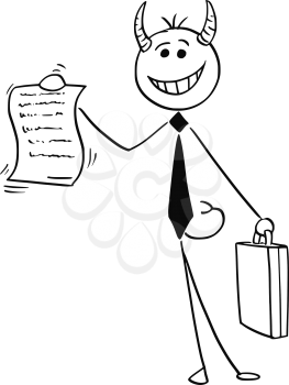 Cartoon vector illustration of smiling stick man devil businessman or salesman offering contract or agreement paper to signing.