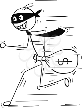 Cartoon vector illustration of smiling masked stick man businessman or clerk running away with bag of money.