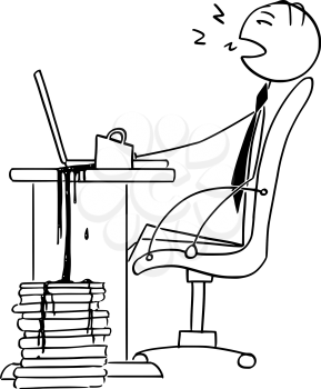 Cartoon vector illustration of tired stick man businessman office worker, manager sleeping in the chair on the office in front of the computer with cup of coffee toured out on files.