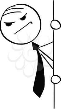 Cartoon illustration of stick man businessman, clerk or manager snooping around or looking at something.