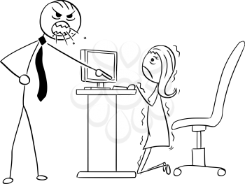Cartoon vector illustration of  stick man angry boss manager at office screaming or roaring at businesswoman or female clerk employee. She is hidden behind desk.