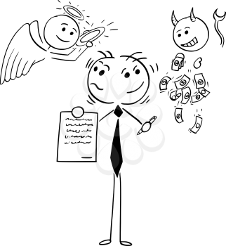 Cartoon illustration of stick man businessman or salesman offering contract or agreement and deciding between angel and devil as conceptual idea of being good or bad person or human being.