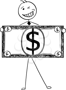 Cartoon illustration of happy smiling stick man businessman, manager, clerk or politician posing with large dollar bill or banknote