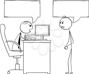 Cartoon illustration of stick man manager boss sitting in his office and talking to male employee.Two empty speech bubbles or balloons above their heads.