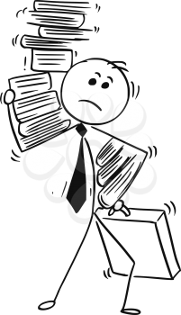 Cartoon stick man illustration of businessman carry large amount of paper work folders.