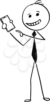 Cartoon stick man illustration of businessman pointing hand finger on mobile phone cell device.