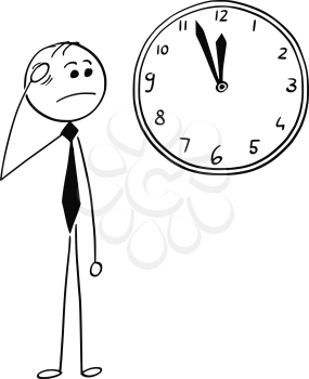 Cartoon stick man illustration of worried businessman looking at wall clock.