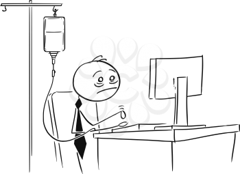 Cartoon stick man illustration of tired overworked businessman working on computer with stimulating energizing infusion in his arm.