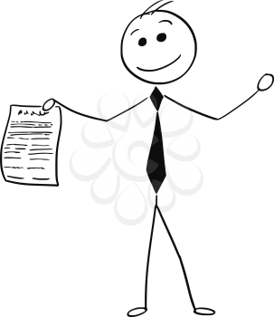 Cartoon stick man illustration of smiling businessman holding piece sheet of paper or agreement.