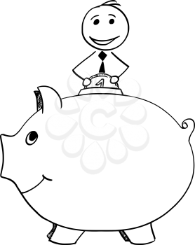 Cartoon stick man illustration of smiling businessman inserting coin in to large piggy bank.