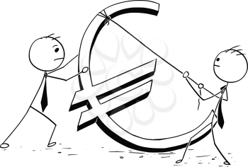 Cartoon stick man concept illustration of two business men businessman erecting large euro sign.
