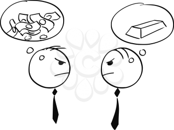 Cartoon stick man illustration of two businessman arguing about silver and gold and cash money.