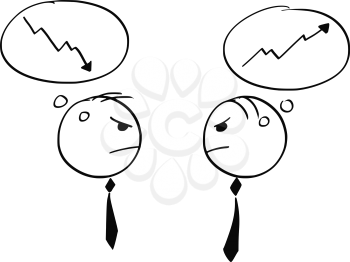Cartoon stick man illustration of two businessman arguing about economy growth and slump.