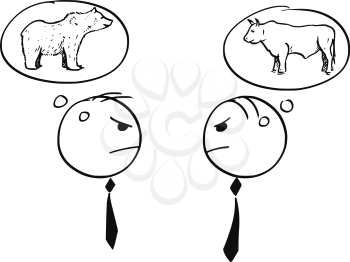 Cartoon stick man illustration of two businessman arguing about bull and bearish market.