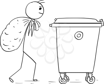 Cartoon stick man illustration of man carry large bag of waste to throe it in to waste container dumpster.