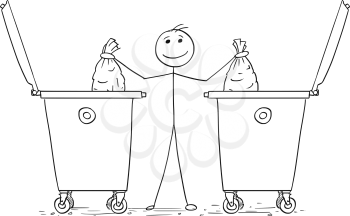 Cartoon stick man illustration of man throwing two separate waste bags in to container dumpsters.