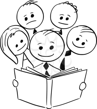 Cartoon stick man illustration of smiling businessman reading book and four other business people behind him.