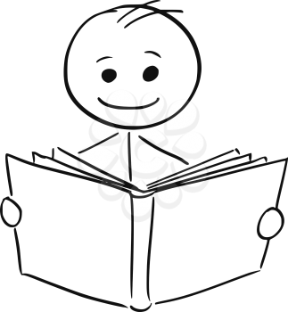 Cartoon stick man illustration of smiling boy or man reading a book.