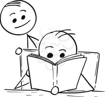 Cartoon stick man illustration of boy or man reading a book and another man standing behind him.
