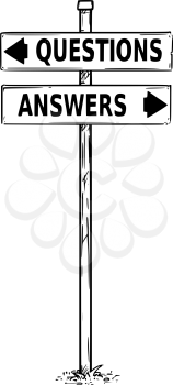 Vector drawing of questions or answers business decision traffic arrow sign.