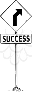Vector drawing of curved road arrow traffic sign with success business text board.