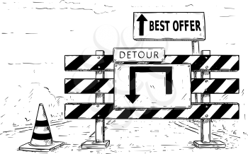 Vector cartoon drawing of road traffic block stop detour with best offer sign boards.
