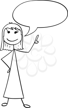 Cartoon illustration of smiling woman girl with empty text speech bubble balloon.