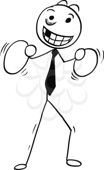 Cartoon stick man illustration of smiling business man businessman with in box pose with boxing gloves.