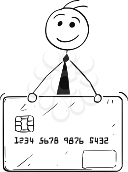 Cartoon stick man illustration of smiling business man businessman with credit or debit card.