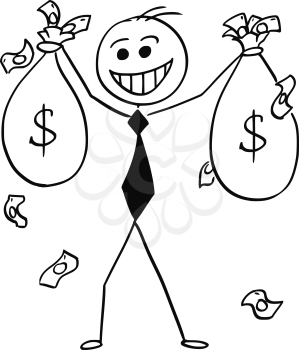 Cartoon stick man illustration of smiling business man businessman with money bags in raised hands.
