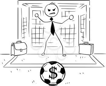 Conceptual cartoon vector illustration of stick man businessman as football soccer goal keeper goalie ready to catch the ball with dollar sign.