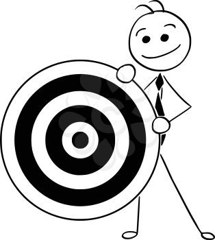 Cartoon stick man illustration of smiling business man businessman holding dartboard target.
