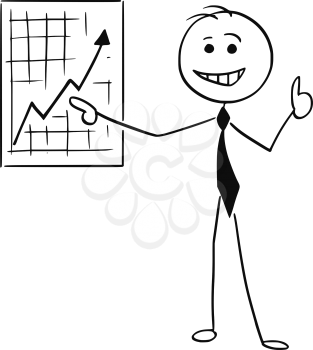 Cartoon stick man illustration of smiling business man businessman pointing at wall graph chart and thumb up.