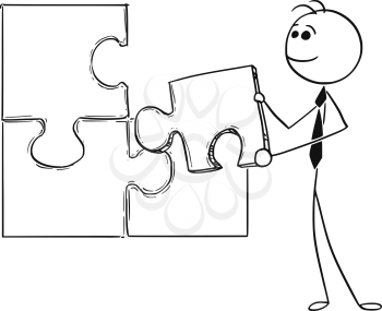 Cartoon stick man conceptual illustration of business man businessman holding last jigsaw puzzle piece as solving problem.
