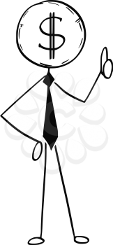 Cartoon stick man conceptual illustration of business man businessman with dollar coin instead of head.
