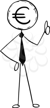 Cartoon stick man conceptual illustration of business man businessman with euro coin instead of head.