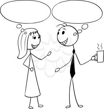 Cartoon stick man illustration of man and woman pair business people talking or chatting with empty speech bubbles balloons.