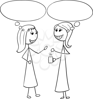 Cartoon stick man illustration of two women pair business people talking or chatting with empty speech bubbles balloons.