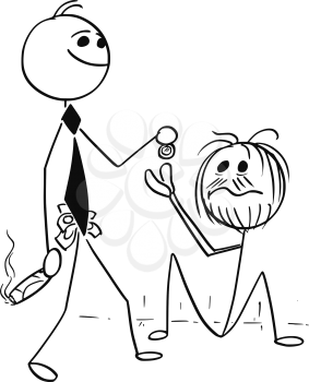 Cartoon stick man illustration of smiling rich business man businessman giving coin to homeless beggar.