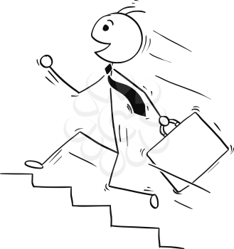 Cartoon stick man illustration of happy smiling business man running upstairs.