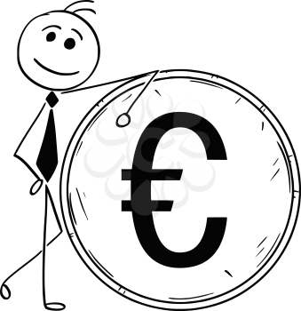 Cartoon stick man illustration of smiling Business man businessman leaning on large euro coin.